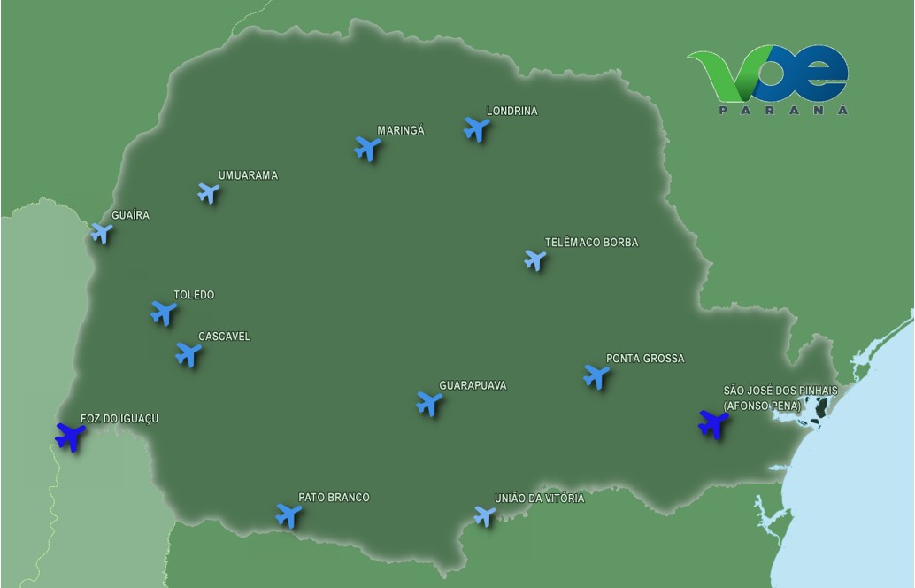 Imagem do Mapa Voe Parana, Tem por objetivo conectar o interior do estado com a capital, e consequentemente com todo o País.