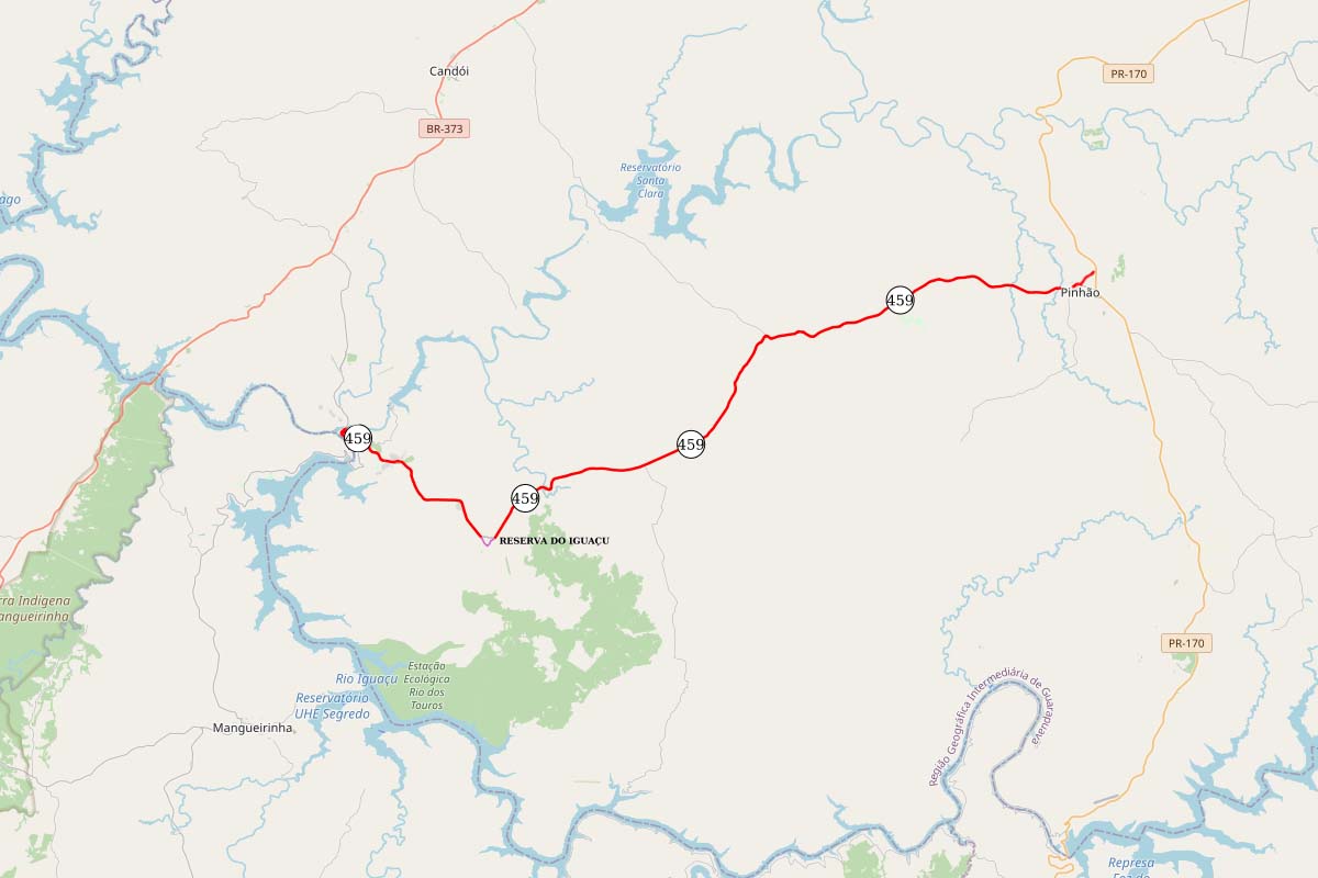 Mapa da PR-459 entre Reserva do Iguaçu e Pinhão