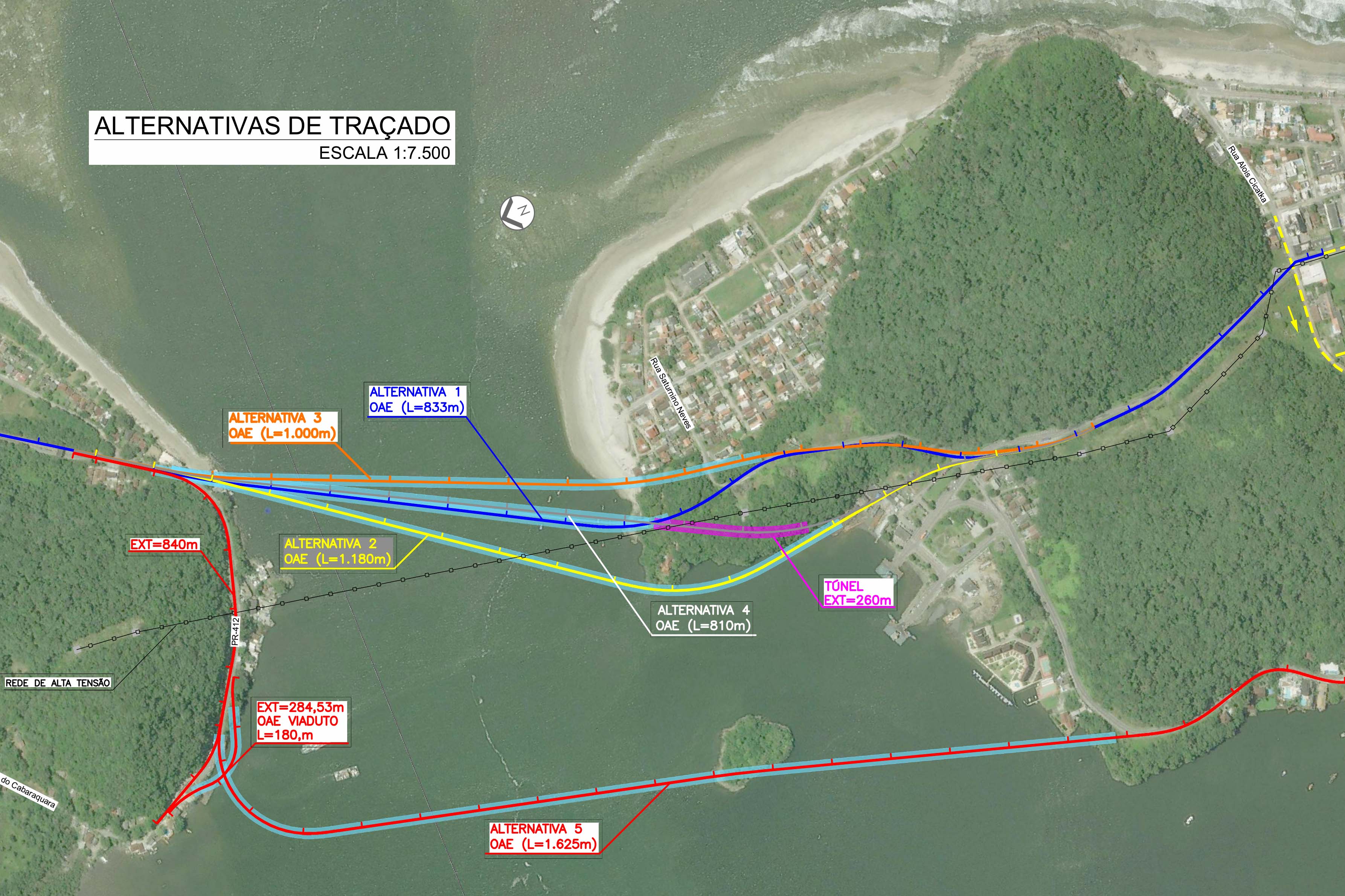 Mapa alternativas de traçado para a ponte de Guaratuba