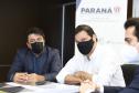 Aeroportos de Pato Branco e Umuarama recebem plano diretor para os próximos 20 anos - Na foto, Pato Branco - Prefeito Robson Cantu / Deputado Estadual Luiz Fernando Guerra / Deputado Estadual Guto Silva - Curitiba, 17/02/2022 Foto: Rodrigo Félix Leal/SEIL