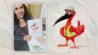 Na foto Vanessa, do lado esquerdo, e á direita seu desenho do mascote