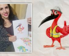 Na foto Vanessa, do lado esquerdo, e á direita seu desenho do mascote
