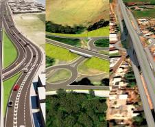 MONTAGEM FEITA COM PROJEÇÕES DE OBRAS DE RODOVIAS DE CONCRETO