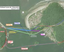 Mapa alternativas de traçado para a ponte de Guaratuba 
