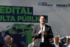 O Governo do Estado lançou no Palácio Iguaçu, o edital de leilão da Nova Ferroeste, a linha férrea que vai ligar Maracaju, no Mato Grosso do Sul, ao Porto de Paranaguá. A contraprestação miníma, o chamado lance inicial, é de R$ 110 milhões Foto: Albari Rosa/AEN