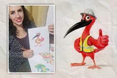 Na foto Vanessa, do lado esquerdo, e á direita seu desenho do mascote