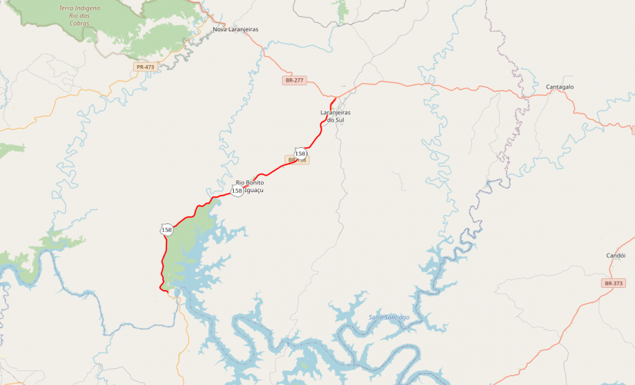 mapa dos serviços de conservação na PRC-158 entre Laranjeiras e Rio Bonito do Iguaçu