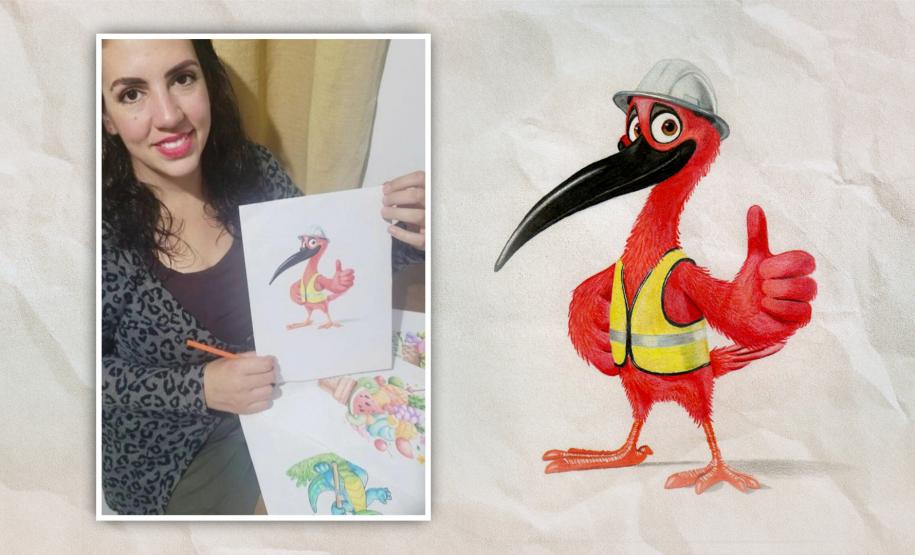 Na foto Vanessa, do lado esquerdo, e á direita seu desenho do mascote