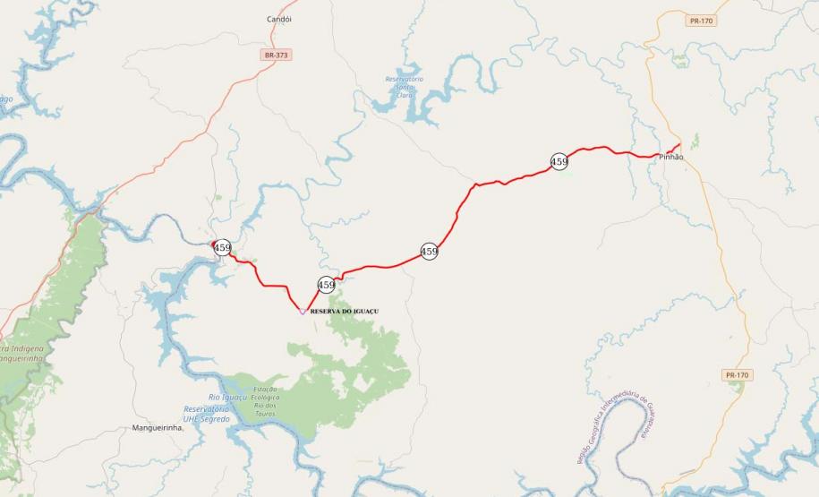 Mapa da PR-459 entre Reserva do Iguaçu e Pinhão