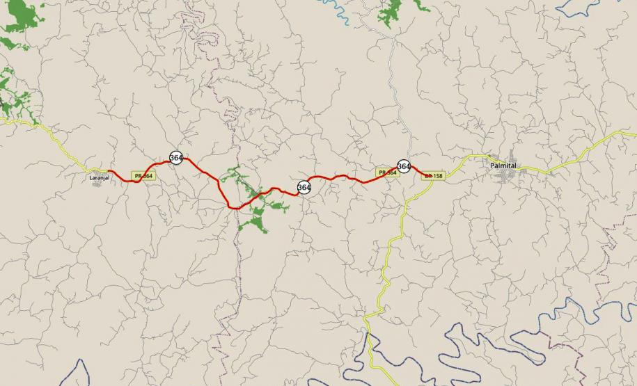 Mapa da PR-364 entre Palmital e Laranjal