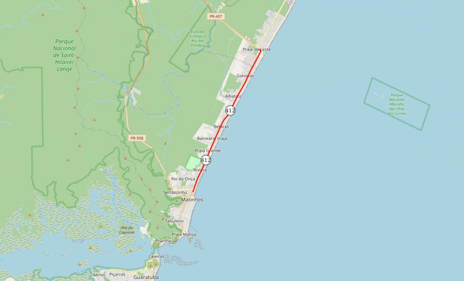 Mapa da duplicação em concreto entre Matinhos e Praia de Leste