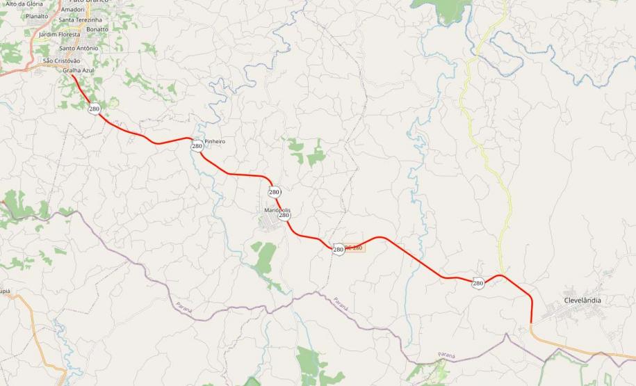 Mapa da rodovia de concreto no Sudoeste