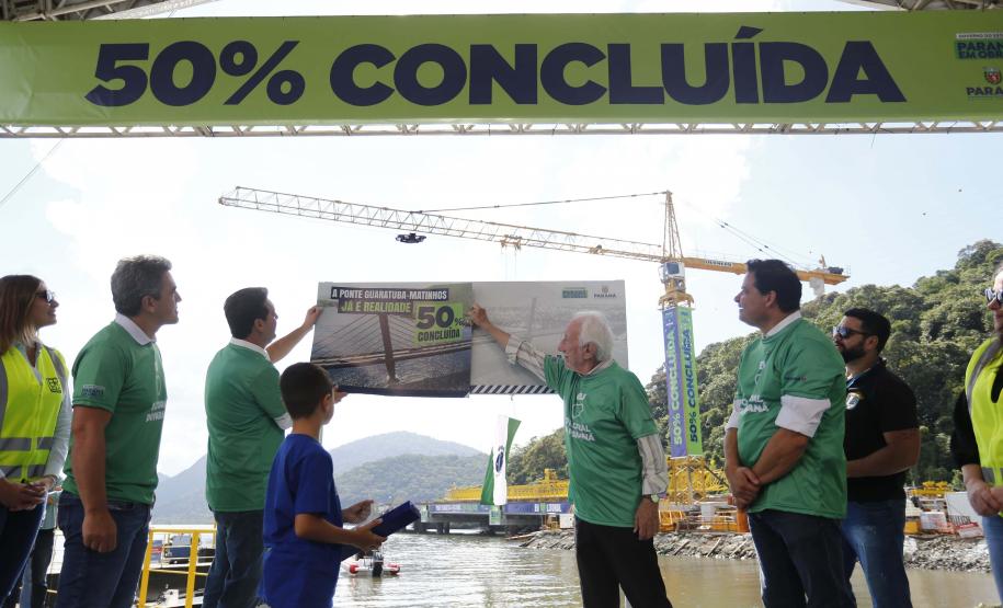 peesoas em frente a faixa da ponte de guaratuba