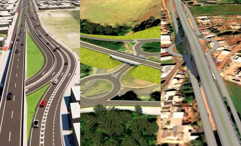 MONTAGEM FEITA COM PROJEÇÕES DE OBRAS DE RODOVIAS DE CONCRETO