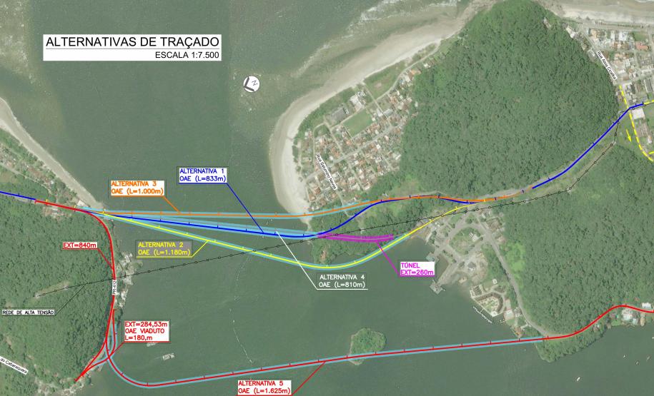 Mapa alternativas de traçado para a ponte de Guaratuba
